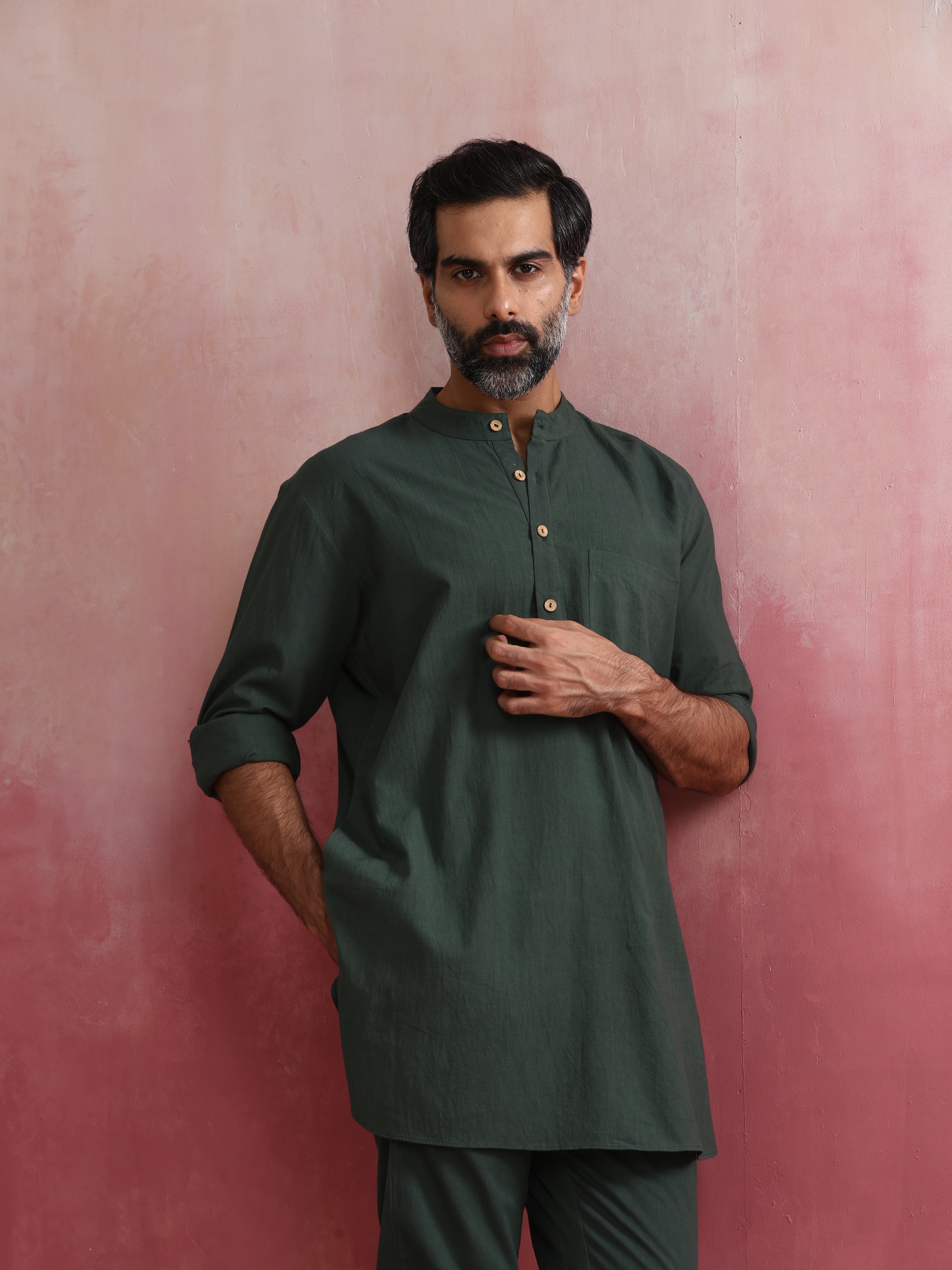 trueBrowns Men's Green Cotton Mandarin Collar Kurta Co-ord set