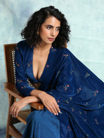 Thumbnail for trueBrowns Blue Embroidered Velvet Blouse - Distacart