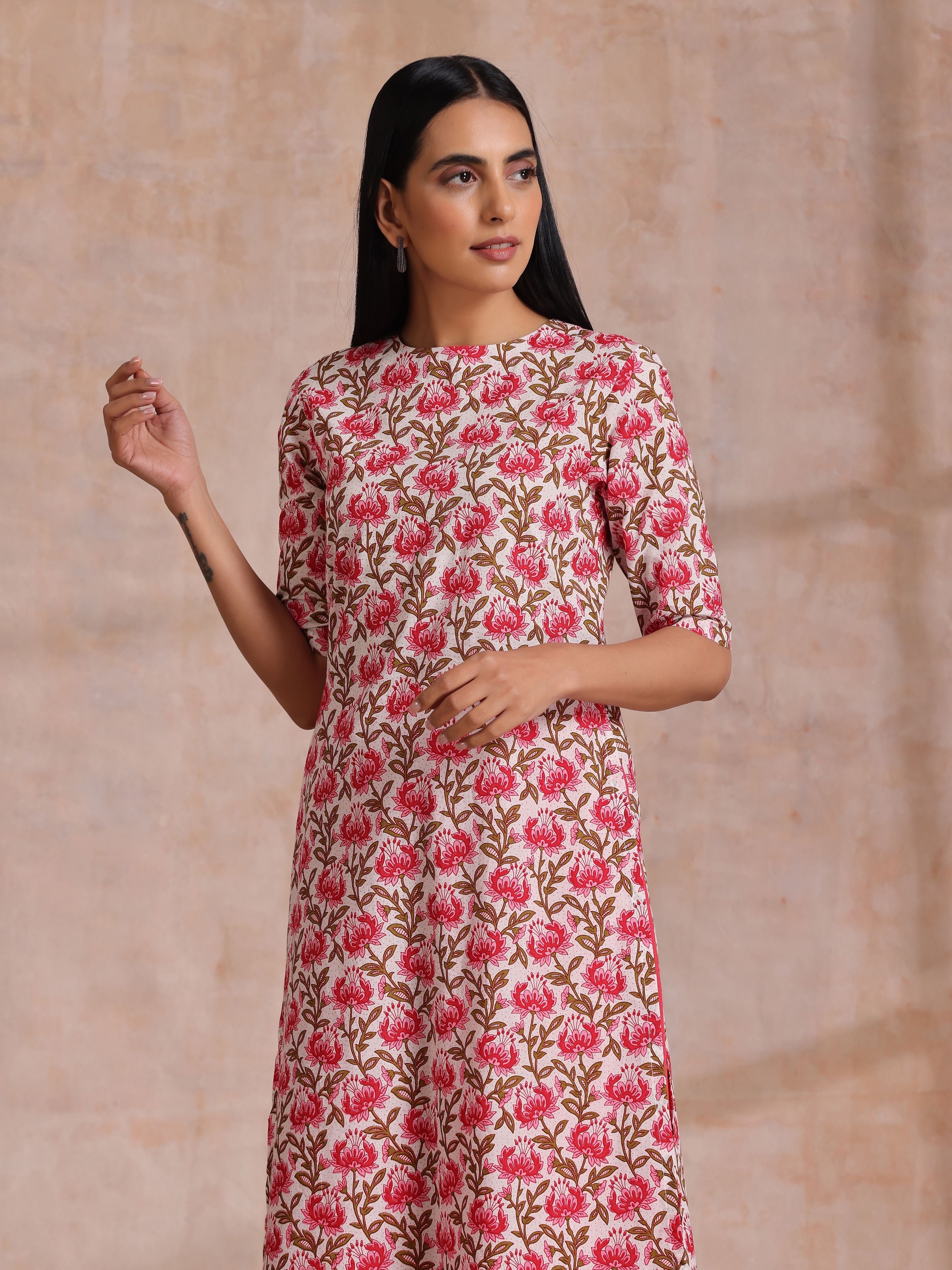 trueBrowns Pink Brown Overall Floral On White Block Print Cotton Slit Kurta Pant Set - Distacart