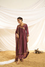Thumbnail for BulBul Women Wine Embroidered Premium Silk Angrakha Pattern Flare Suit With Dupatta