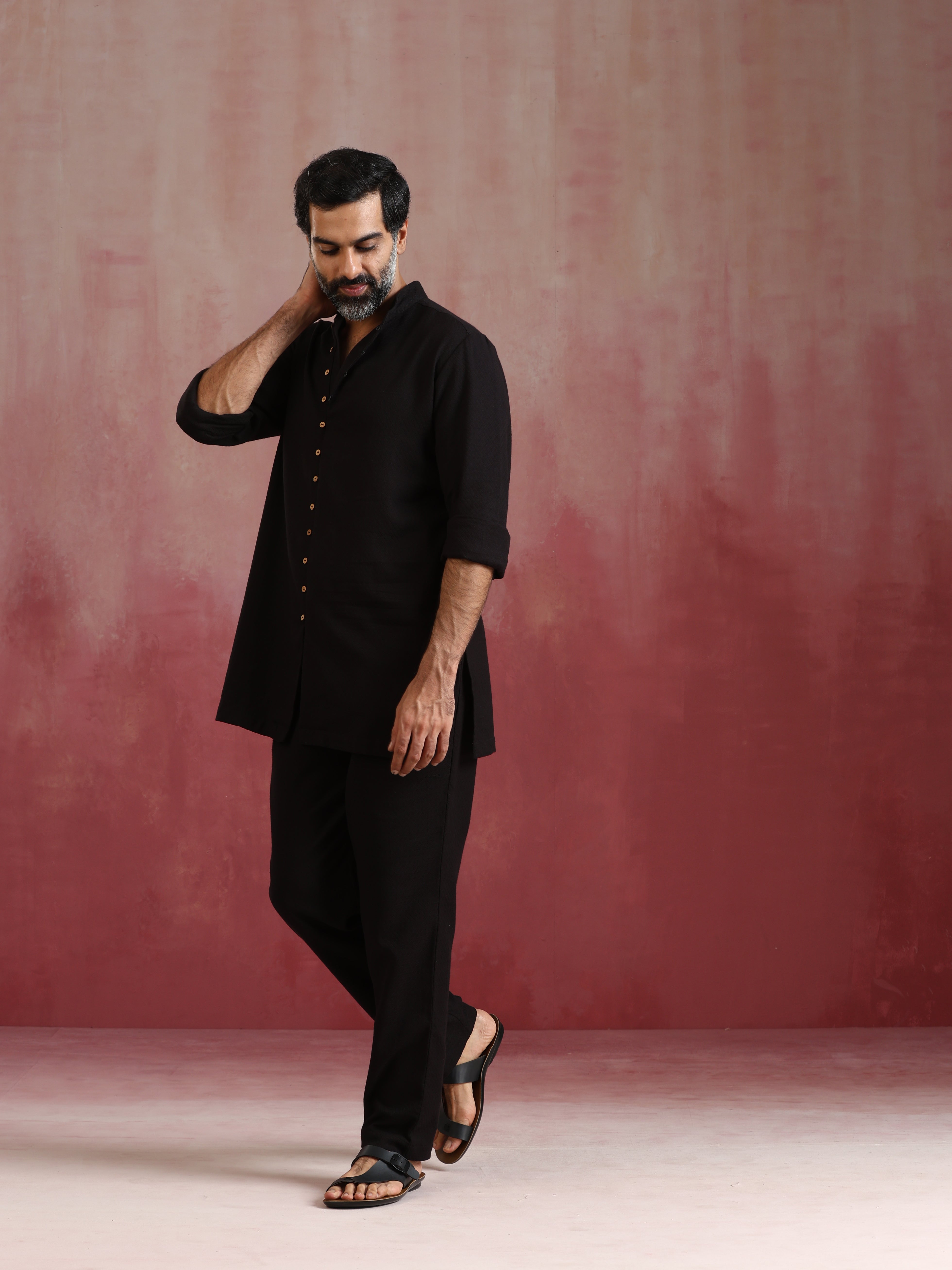 trueBrowns Men's Black Cotton Dobby Kurta Co-ord Set