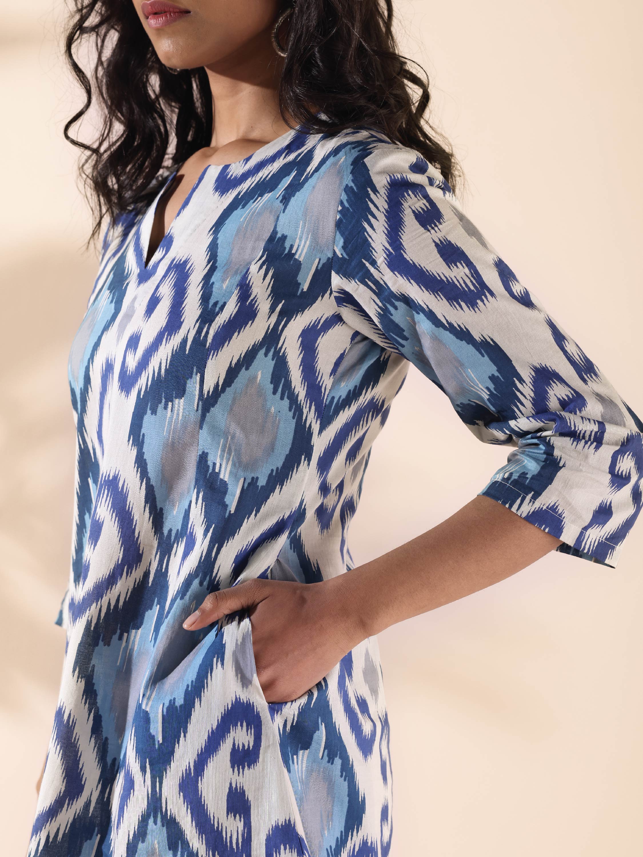 trueBrowns Blue Cotton Ikat Relaxed Co-ord Set - Distacart