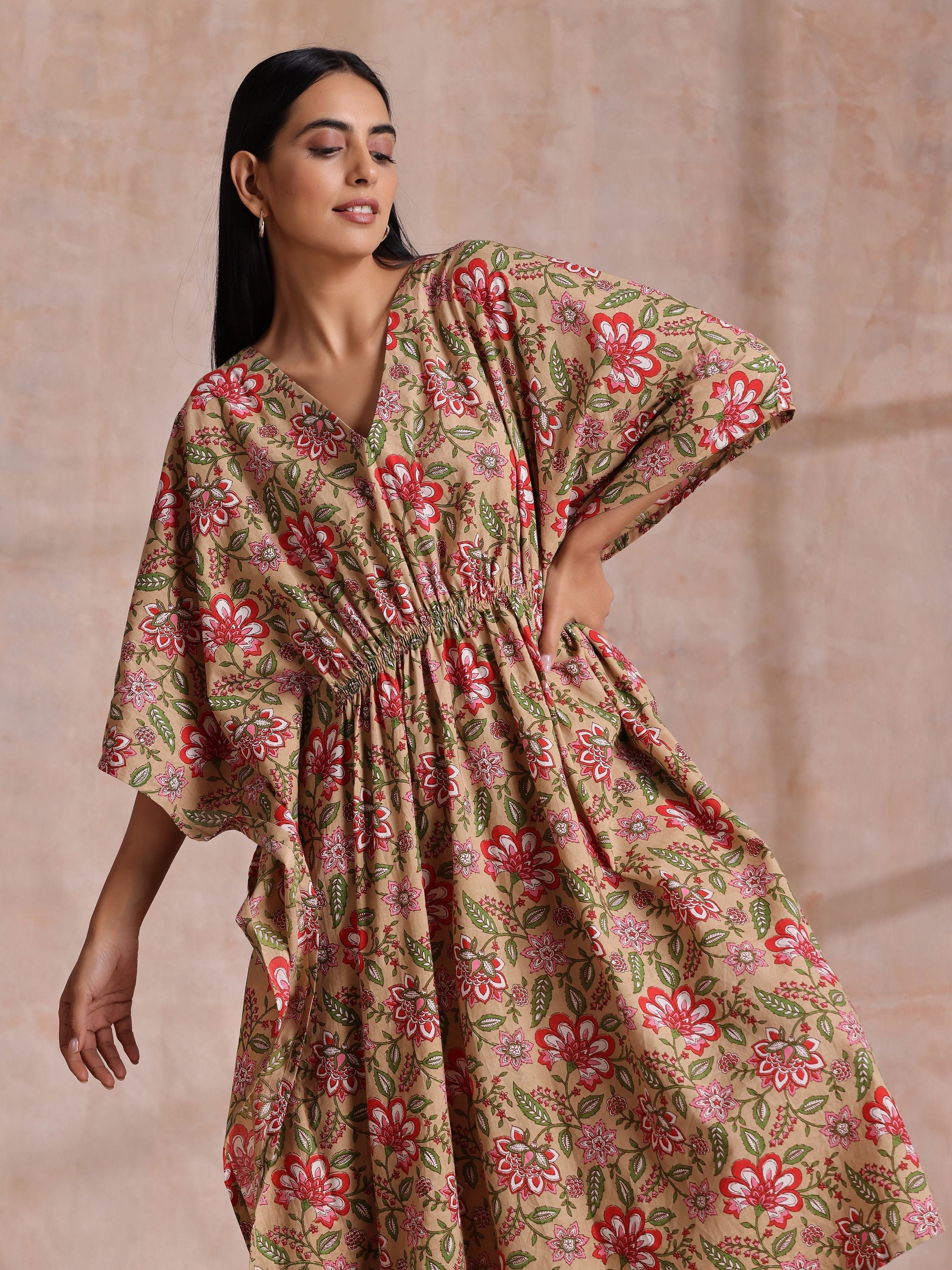 trueBrowns Beige Overall Big Floral Block Print Cotton Kaftan Dress - Distacart