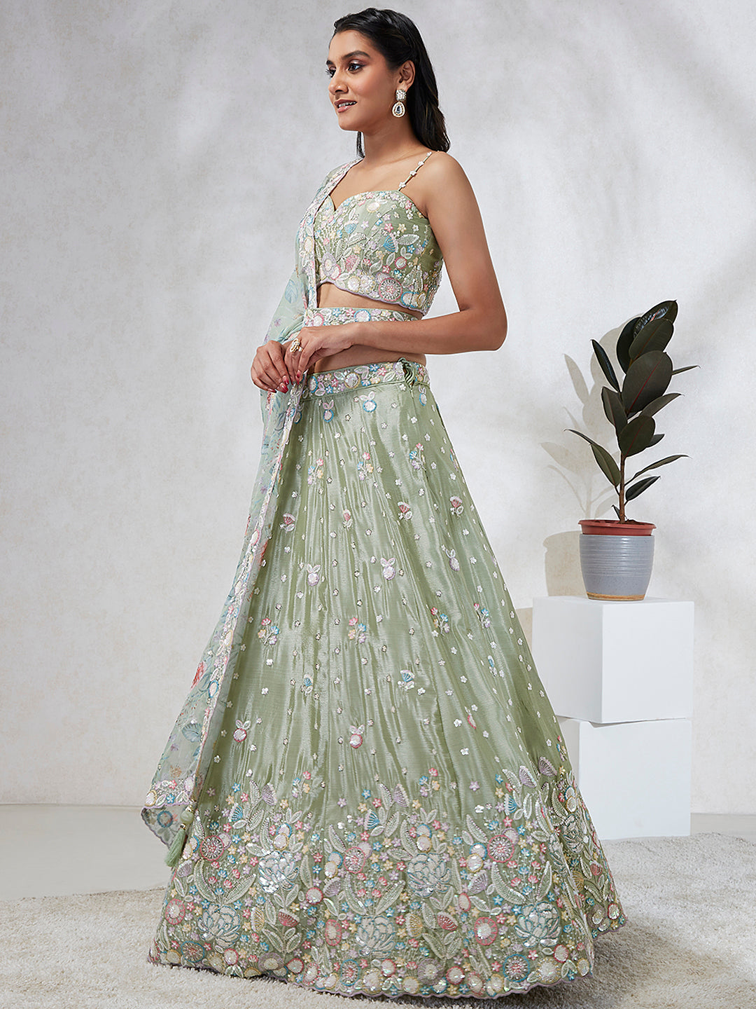 House of Panchhi Lime Green Chiffon Sequins And Thread Embroidery Lehenga Choli & Dupatta - Distacart