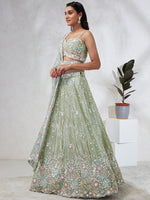 Thumbnail for House of Panchhi Lime Green Chiffon Sequins And Thread Embroidery Lehenga Choli & Dupatta - Distacart