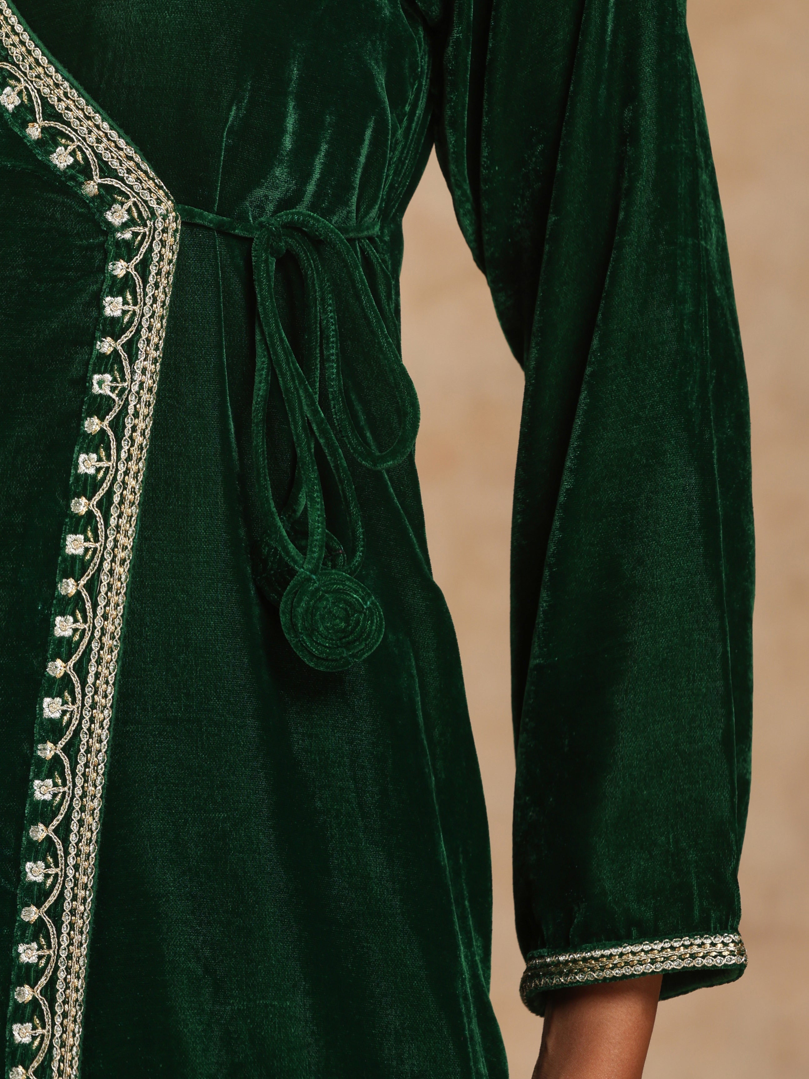 trueBrowns Green Velvet Embroidered Angrakha Kurta - Distacart