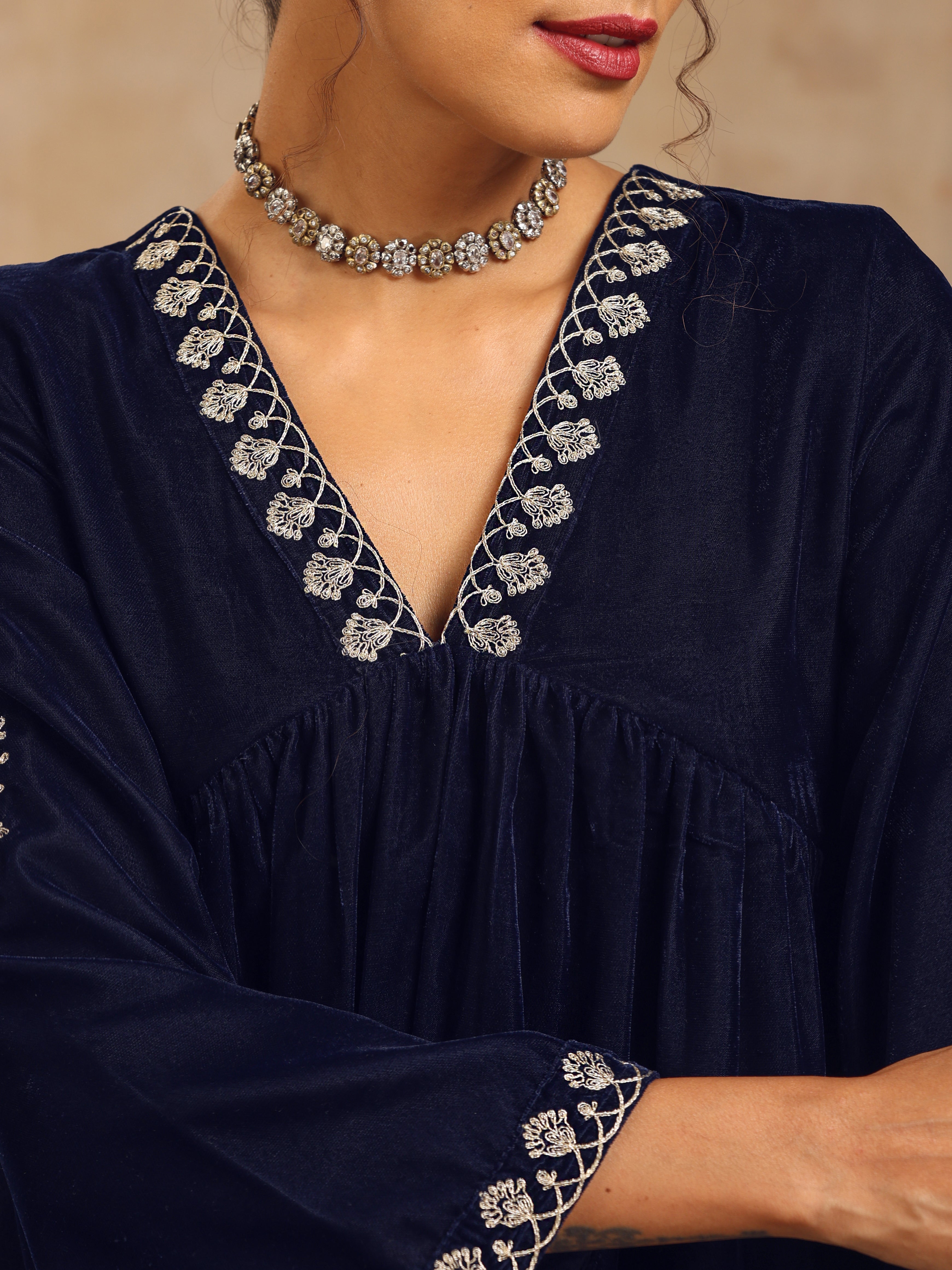 trueBrowns Midnight Blue Velvet Embroidered Kurta - Distacart