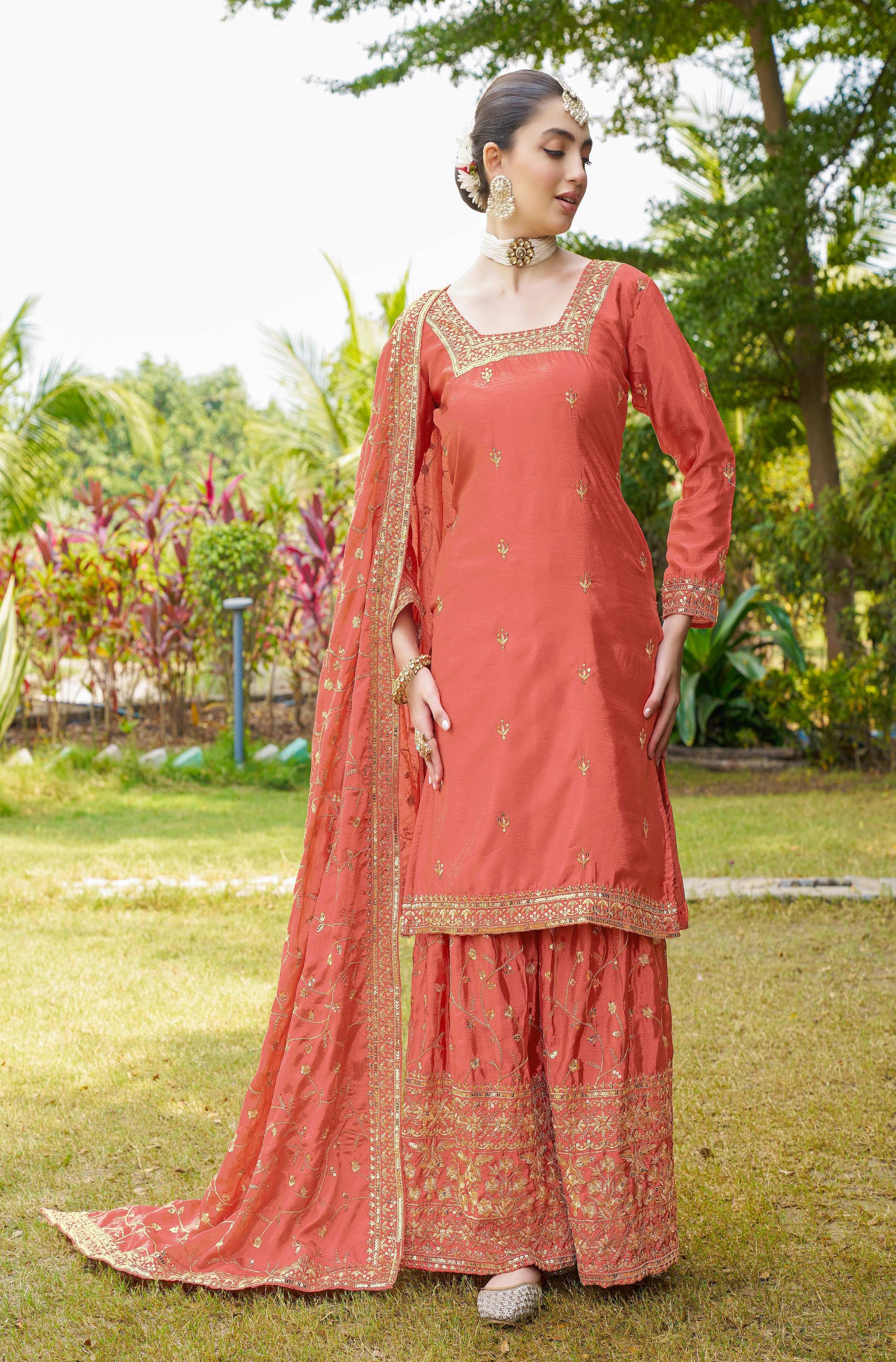 Teeya Creation Orange Color Chinon Silk Heavy Embroidery Work Fully Stitched Salwar Suit - Distacart