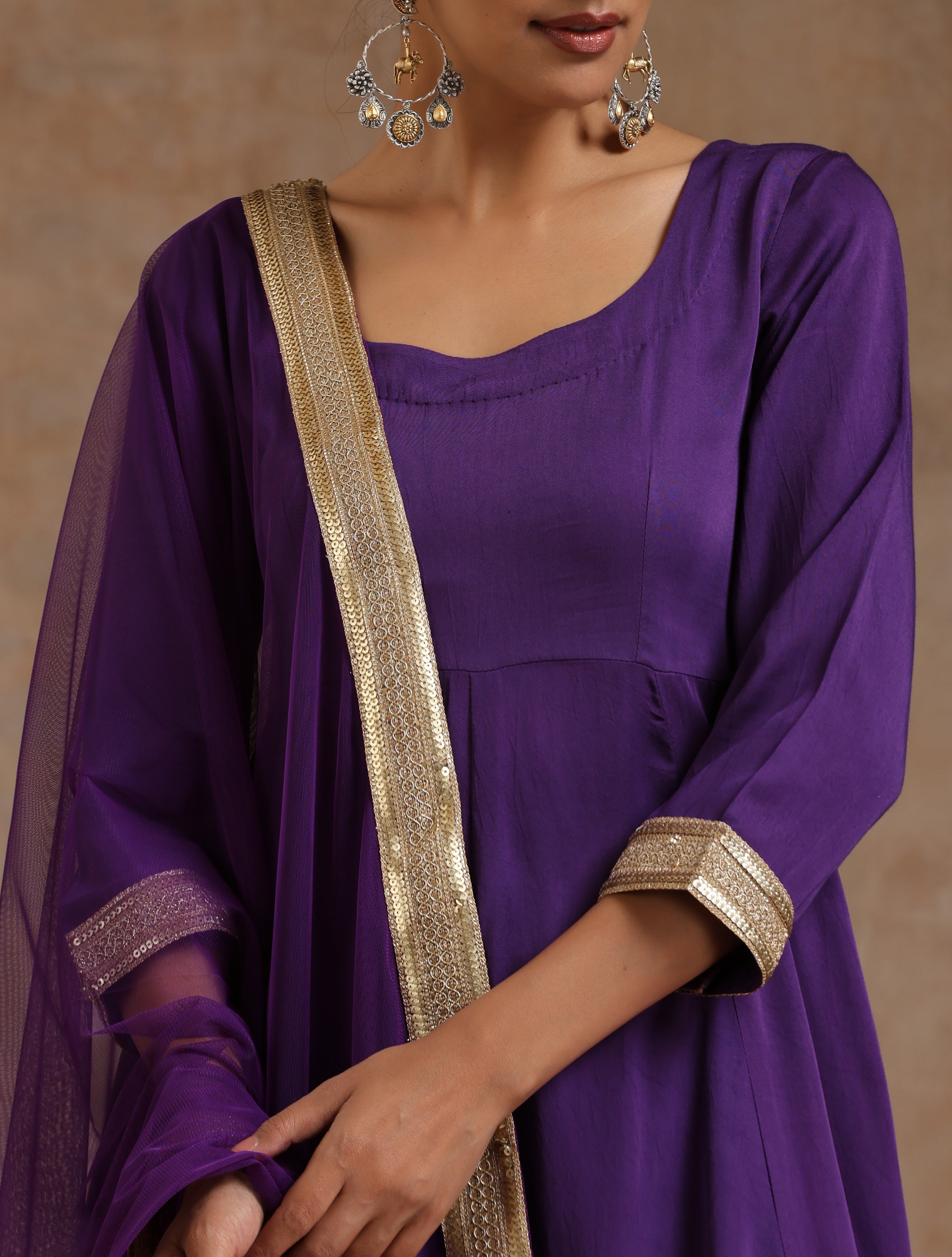 trueBrowns Violet Modal Satin Anarkali Set - Distacart
