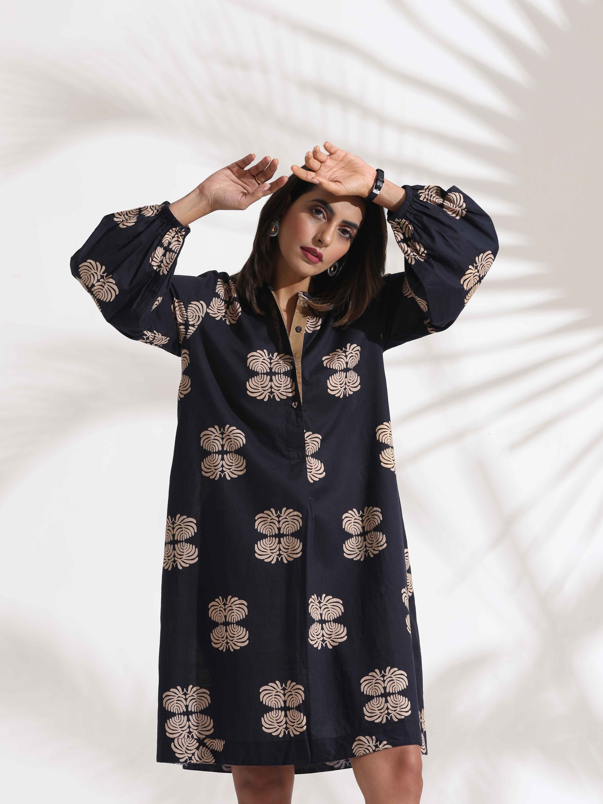 trueBrowns Black Cotton Print Short Dress - Distacart