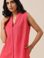 Thumbnail for trueBrowns Bright Pink Slub Texture Sleevesless Jacket Pant Set - Distacart