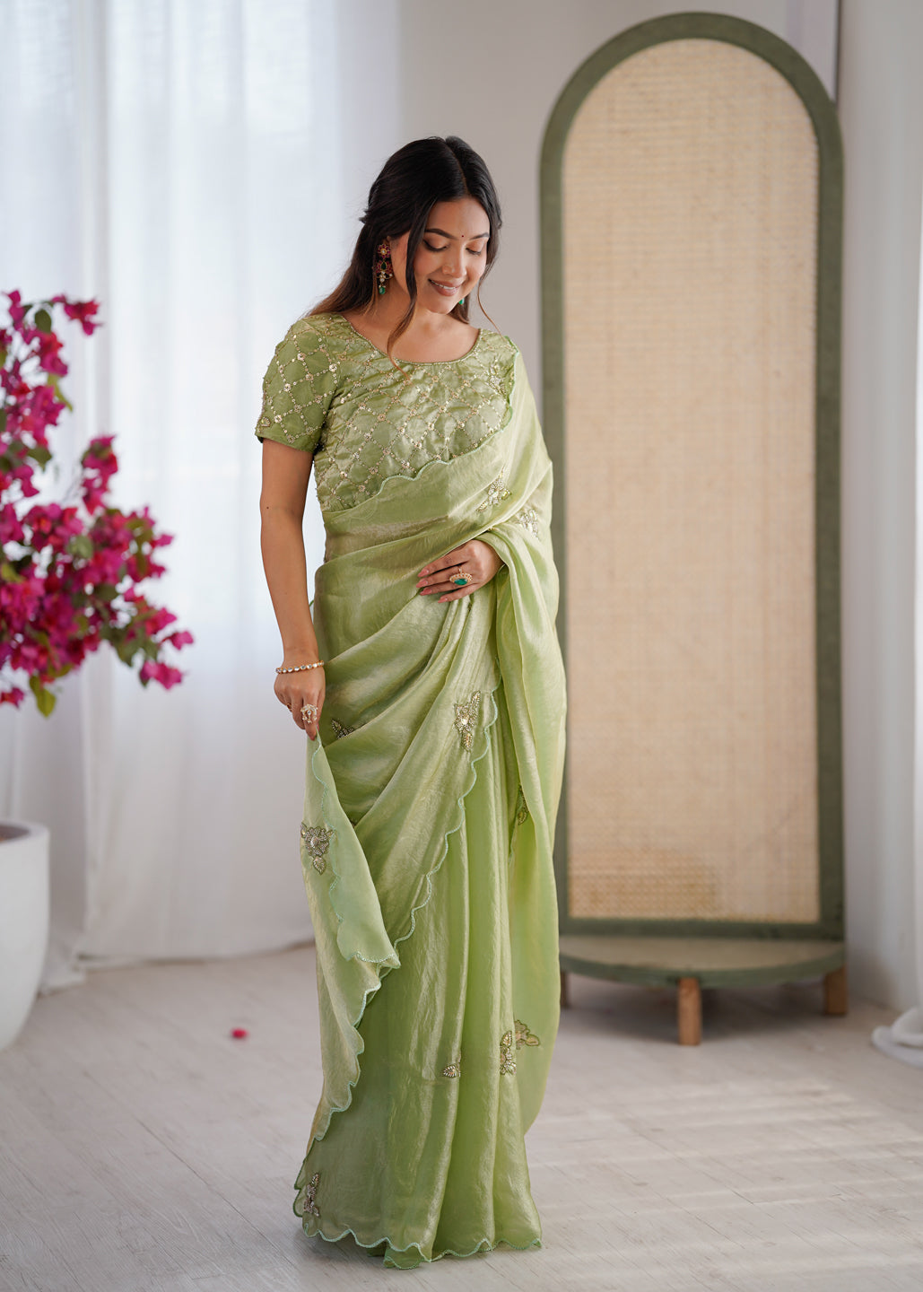 Evanik Designer Heavy Fendy Satin With Beads Embroidered Work Saree With Unstitched Blouse