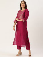 Thumbnail for Varanga Magenta Silk Kurta With Woven Yoke And Fully Elasticated Trouser - Distacart