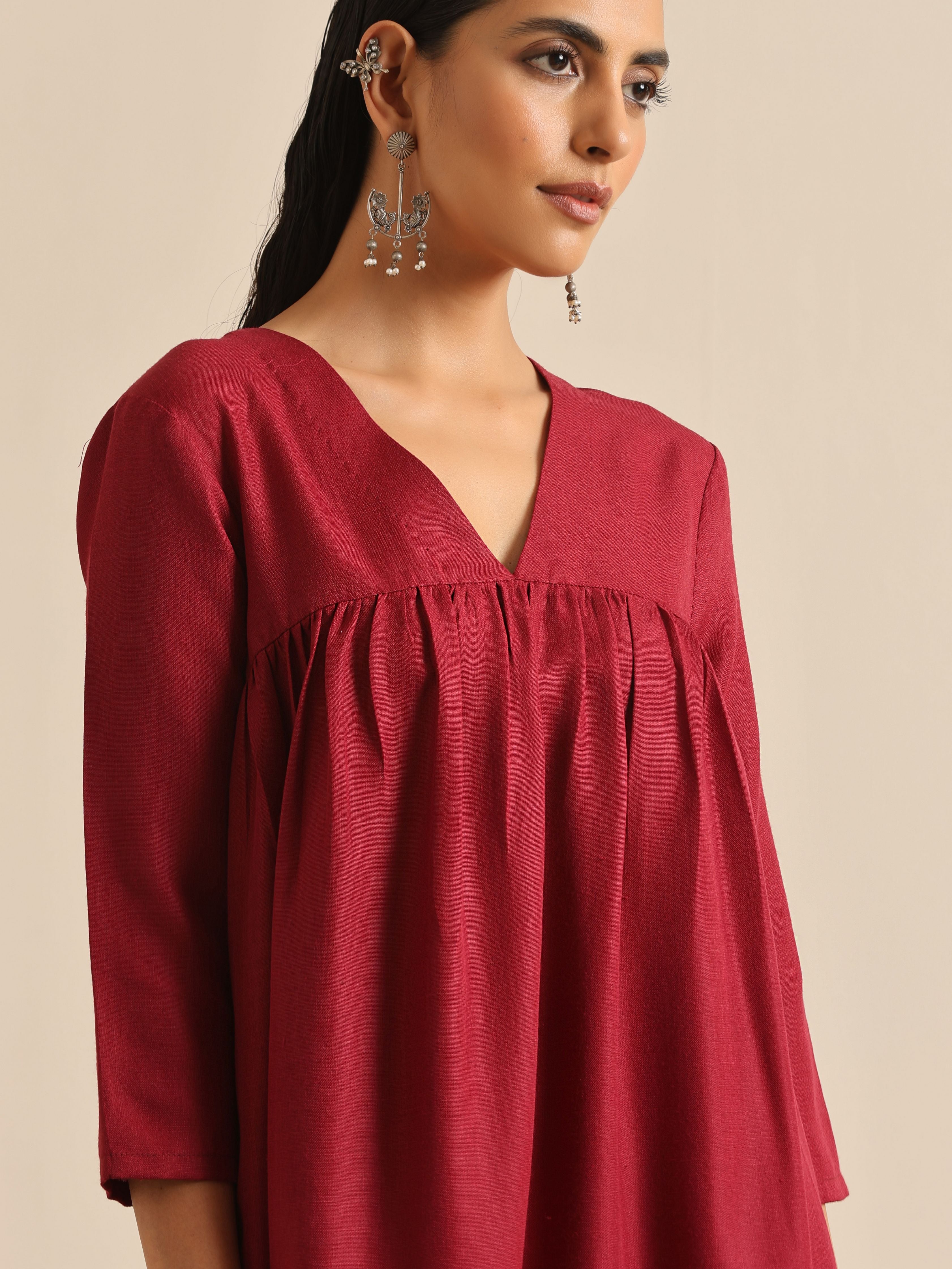 trueBrowns Maroon Slub Gathered Kurta Pant Set - Distacart