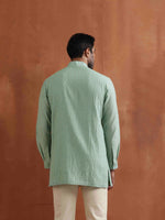 Thumbnail for trueBrowns Men's Green Cotton Dobby Front Open Short Kurta
