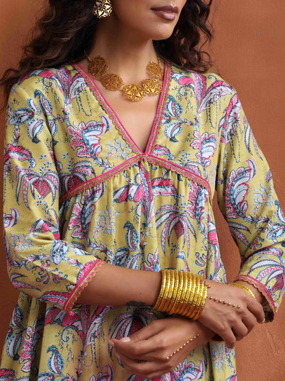 trueBrowns Yellow Print Anarkali Kurta Co-ord Set - Distacart