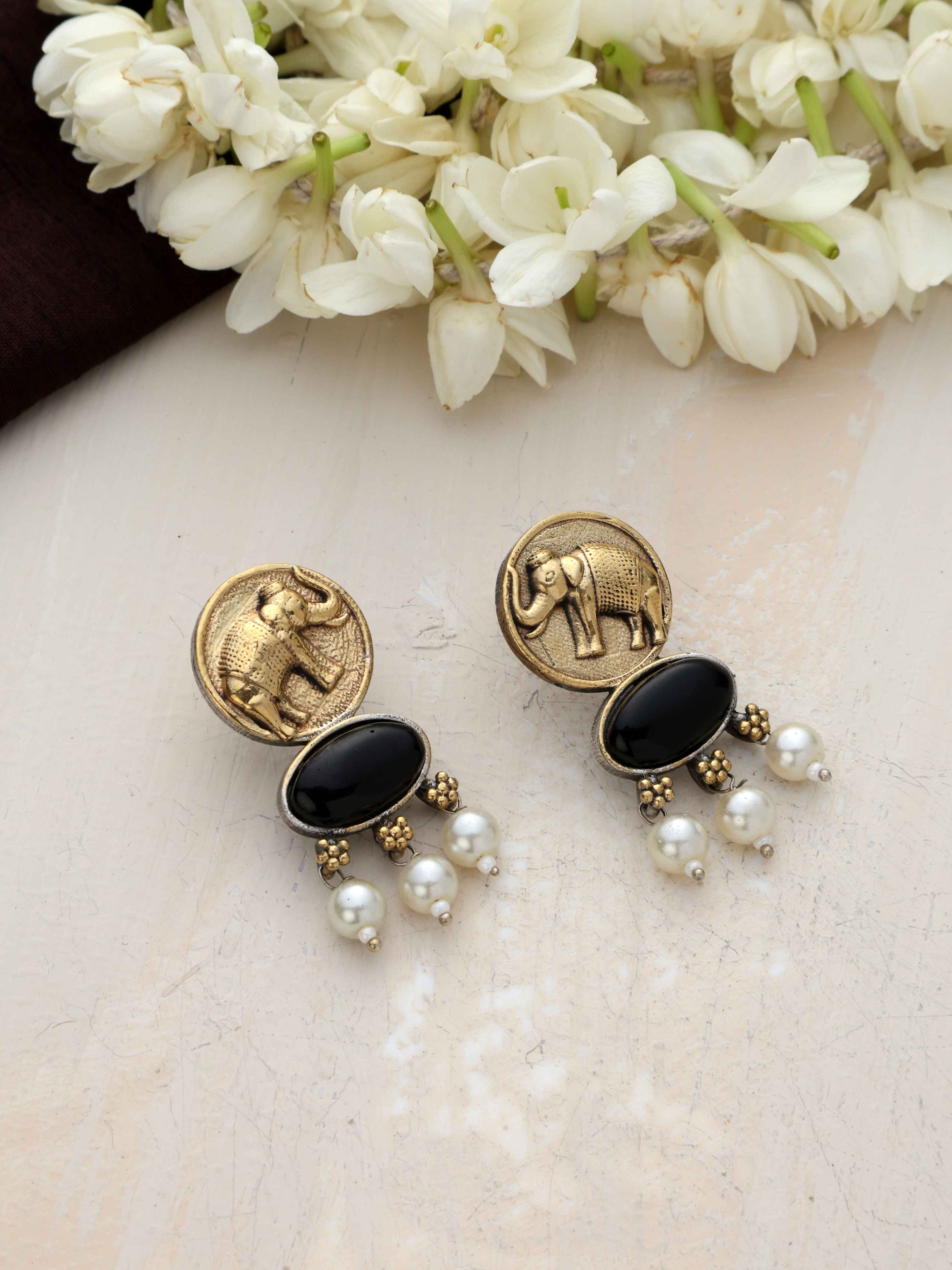 trueBrowns Gold Elephant Embossed Dangle Earrings - Distacart