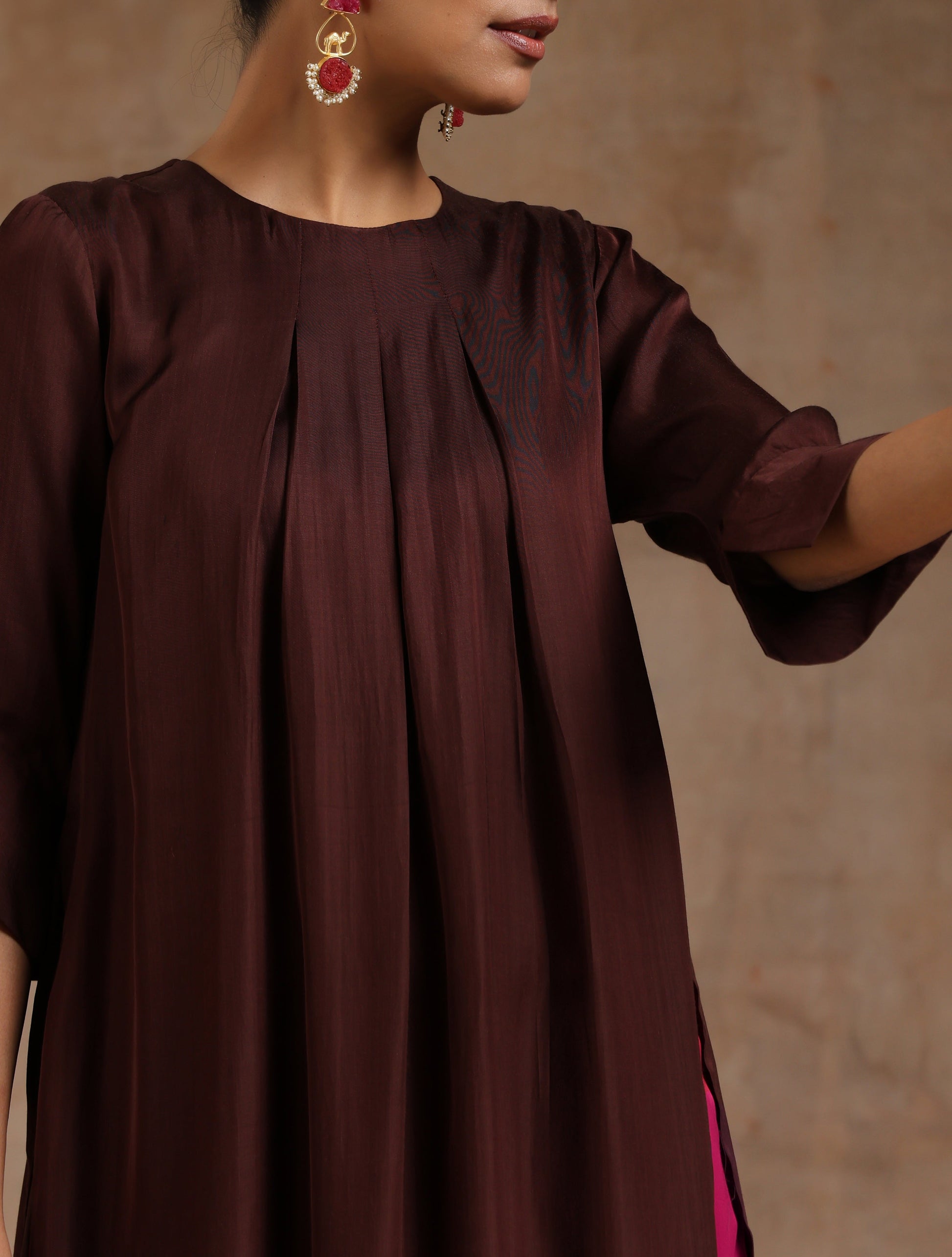 trueBrowns Cola Brown Modal Satin Neck Pleat Kurta Set - Distacart