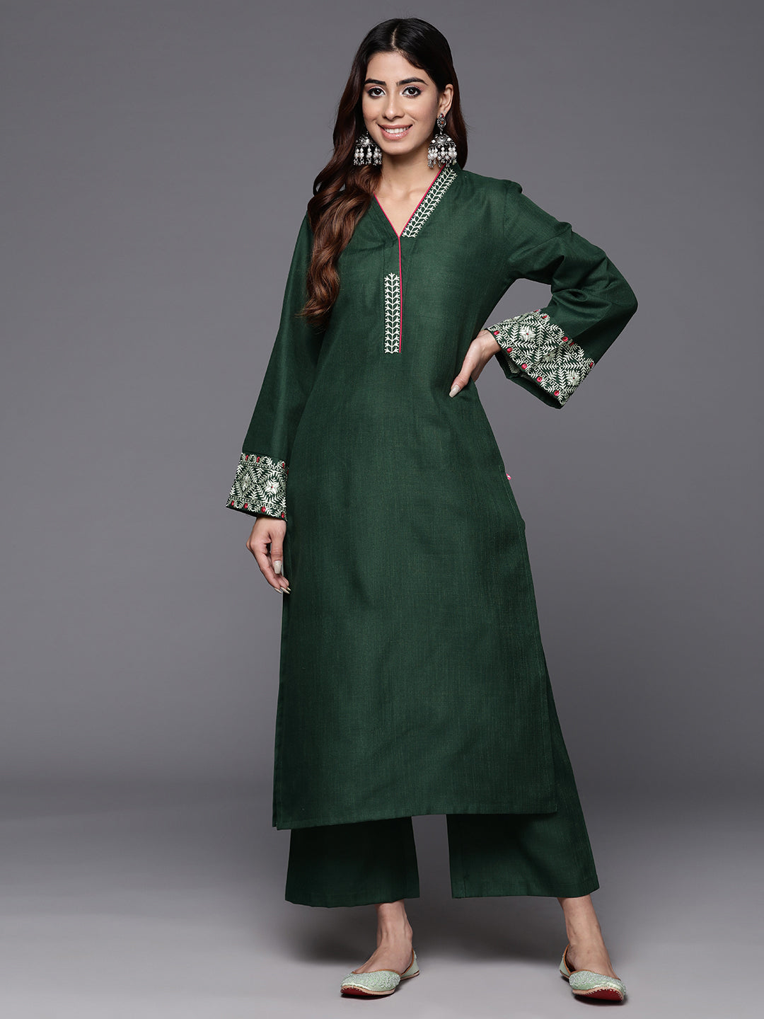 Varanga Women Green Embroidered Long & Flared Sleeves Kurta With Tonal Bottom - Distacart