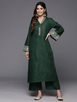 Thumbnail for Varanga Women Green Embroidered Long & Flared Sleeves Kurta With Tonal Bottom - Distacart