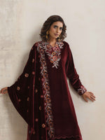 Thumbnail for trueBrowns Maroon Velvet Floral Embroidered Kurta Pant Dupatta Set