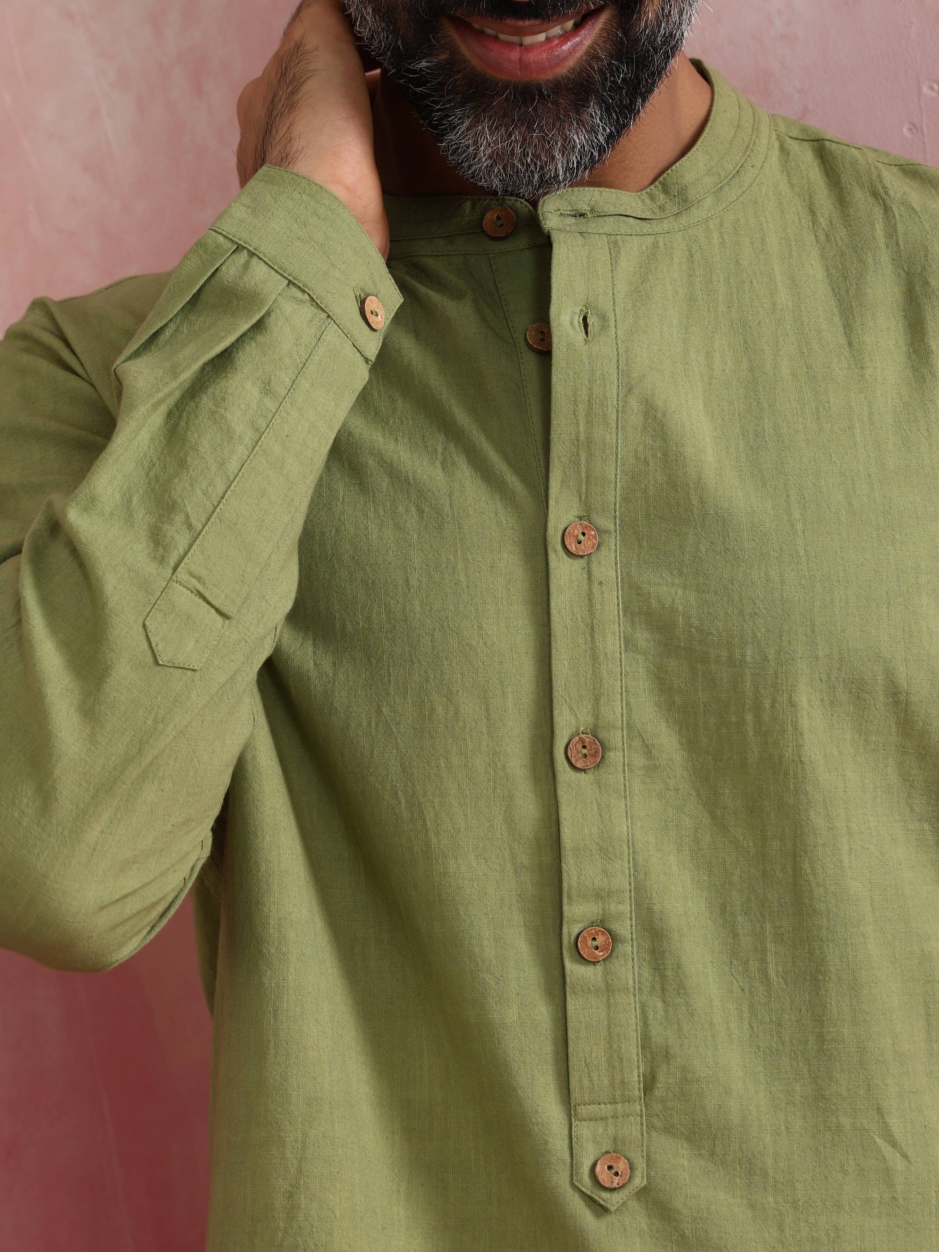 trueBrowns Men's Pista Green Cotton Mandarin Collar Stylized Kurta - Distacart