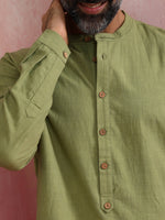 Thumbnail for trueBrowns Men's Pista Green Cotton Mandarin Collar Stylized Kurta - Distacart