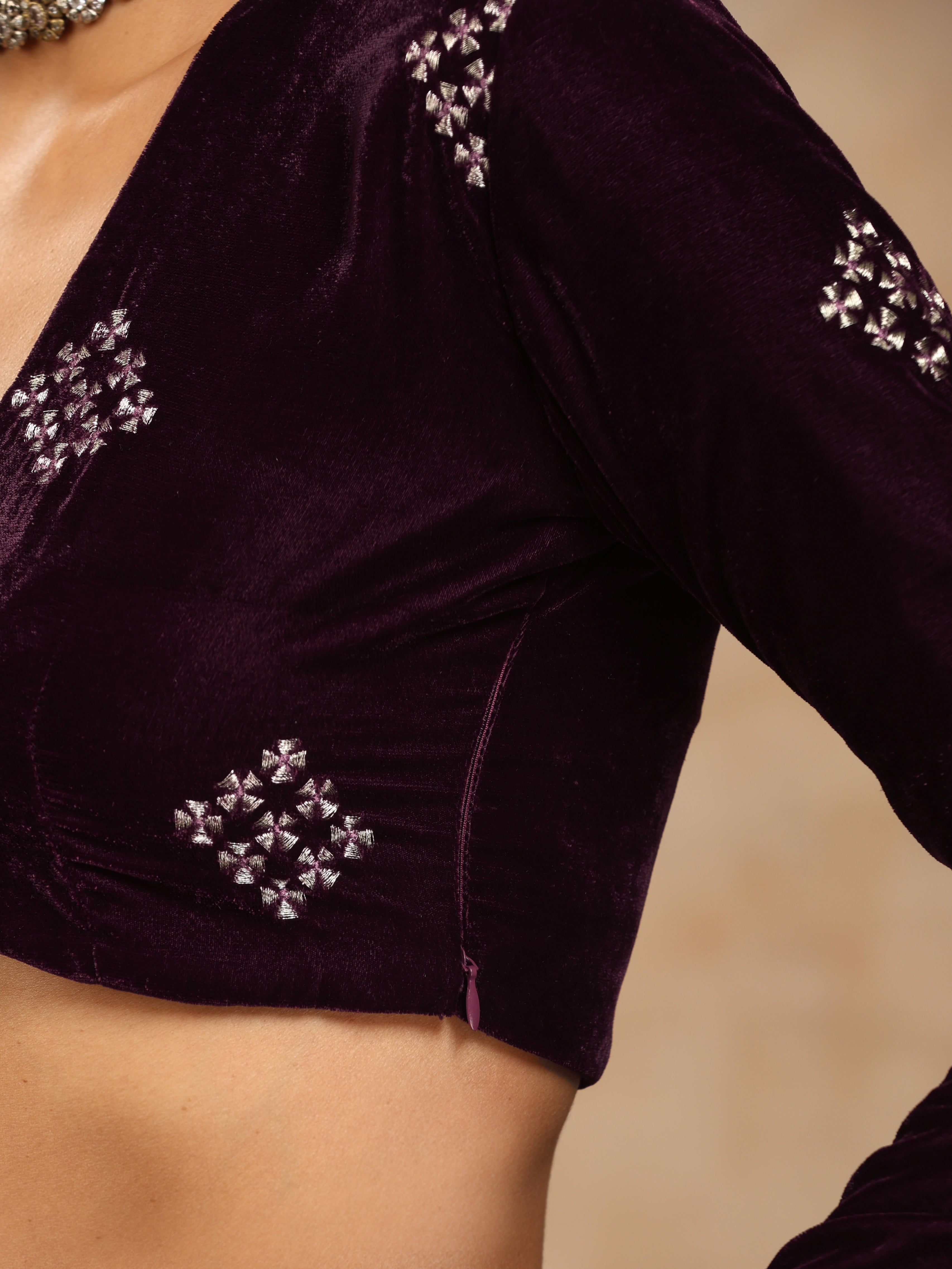 trueBrowns Wine Velvet Embroidered Blouse - Distacart