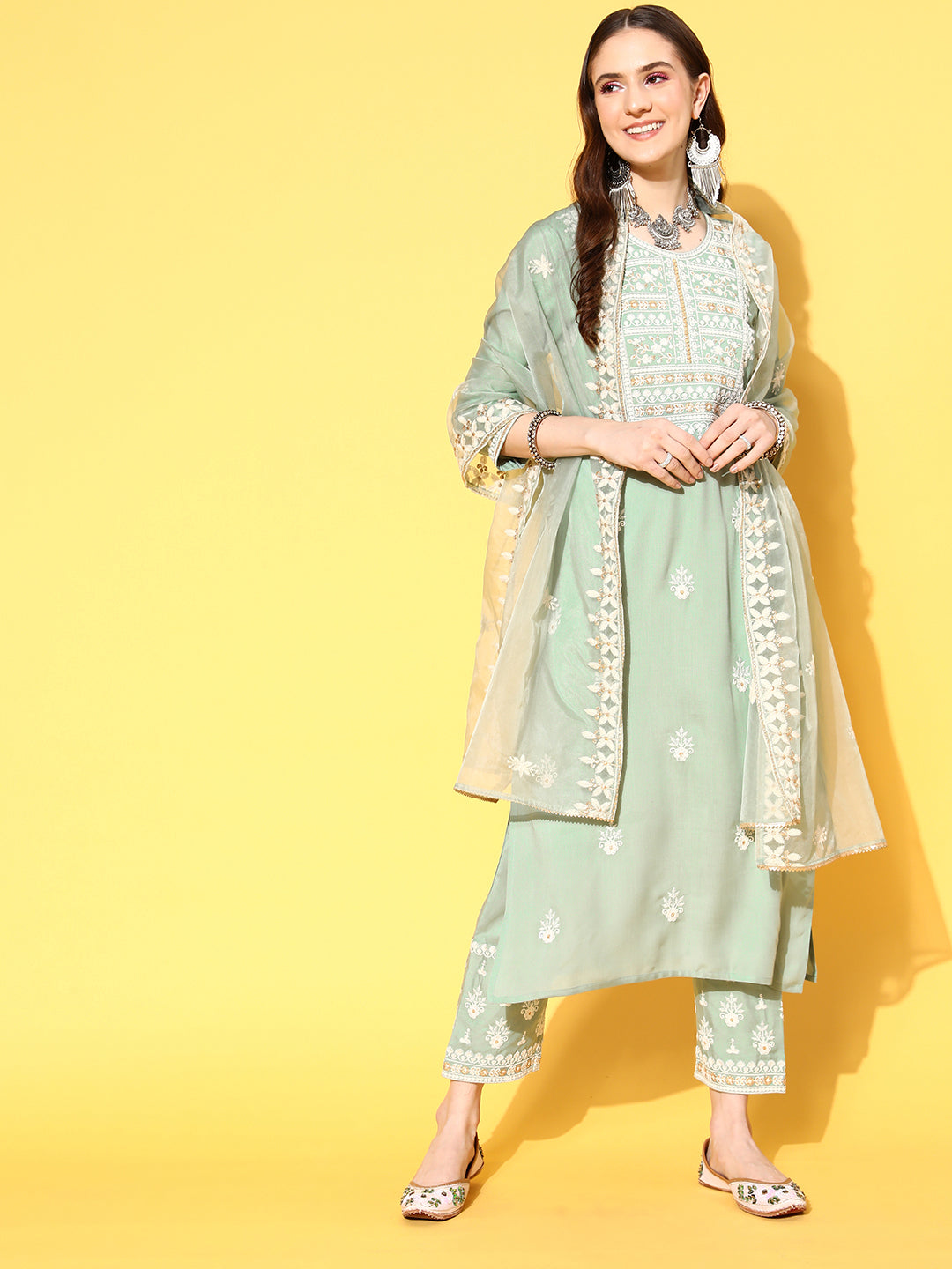 Varanga Women Sea Green Embroidered Kurta Paired With Tonal Trouser And Dupatta - Distacart