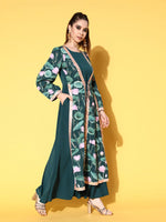 Thumbnail for Ahalyaa Green Crepe Puff Sleeves Floral Printed Maxi Ethnic Dress with Waist Tie-Ups - Distacart