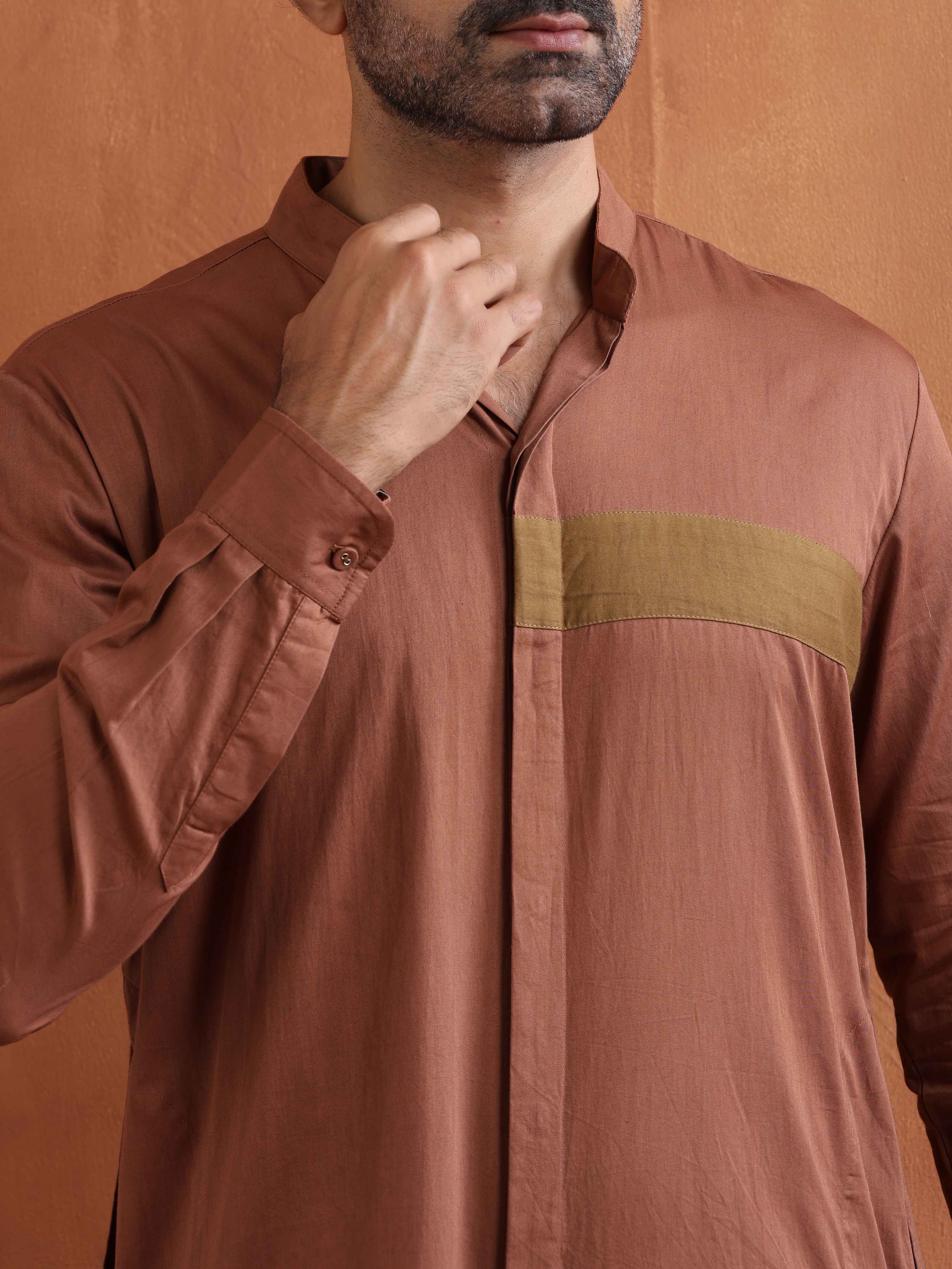 trueBrowns Men's Brown Cotton Front Open Kurta