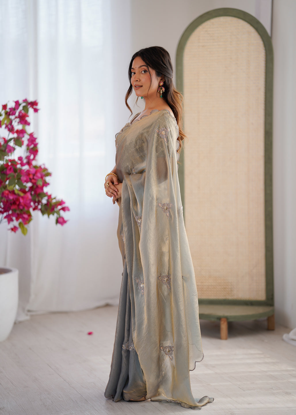 Evanik Designer Heavy Fendy Satin With Beads Embroidered Work Saree With Unstitched Blouse