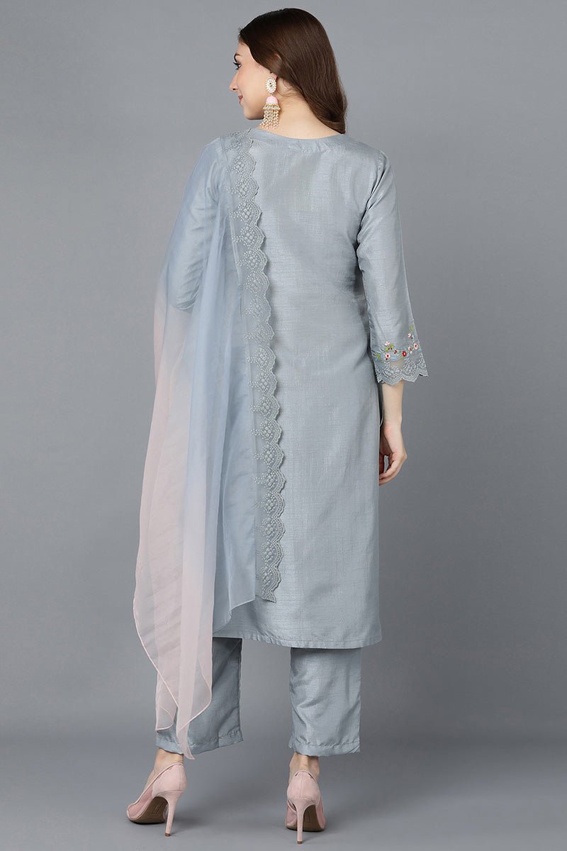 Ahika Grey Poly Silk Straight Kurta Pant With Dupatta