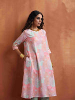 Thumbnail for trueBrowns Beige Palm Print A-line Kurta Set - Distacart