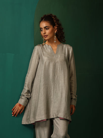 trueBrowns Grey Silk Flared Co-ord Set - Distacart