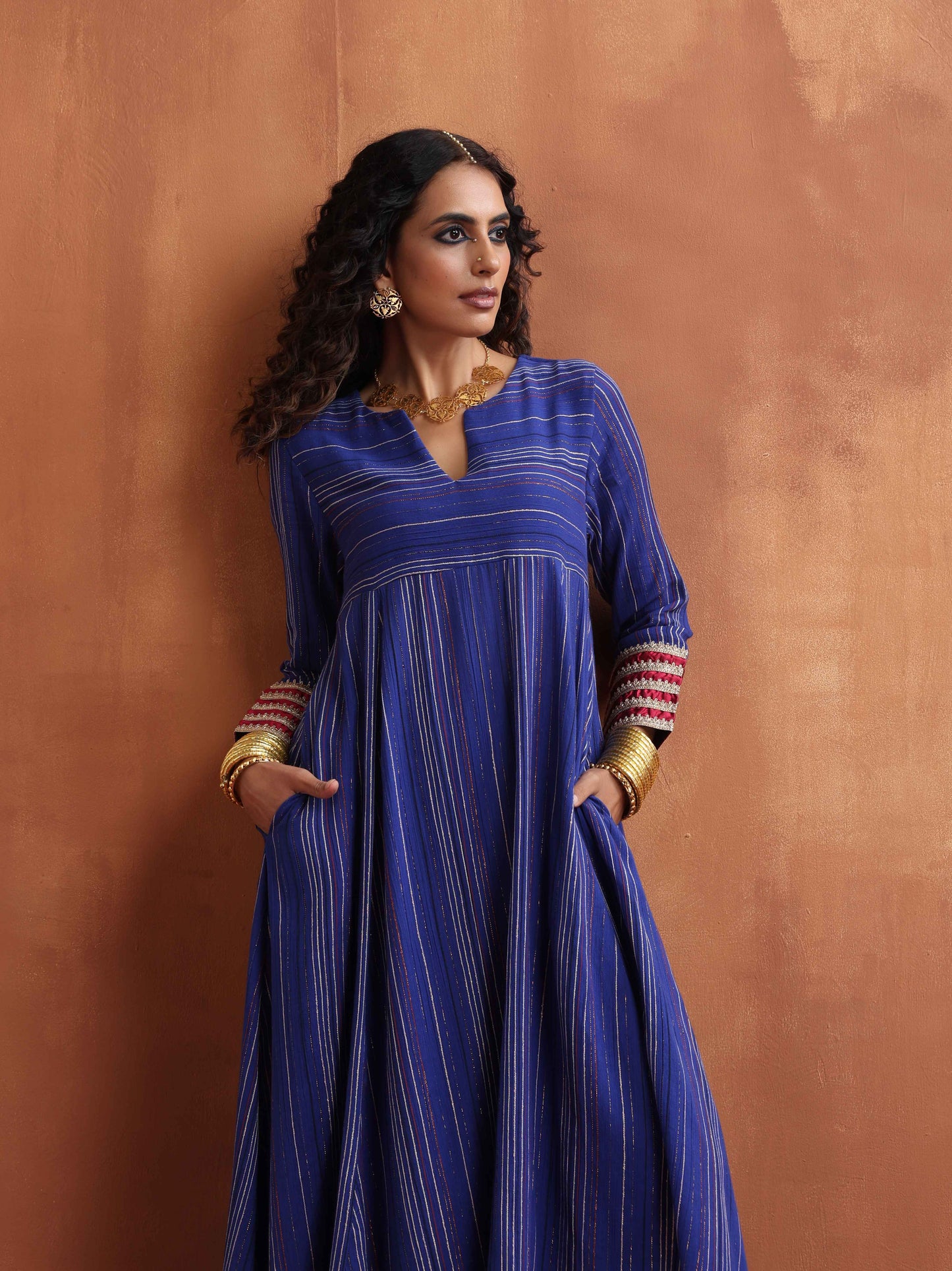 trueBrowns Blue Stripe Flared Anarkali Kurta Set - Distacart