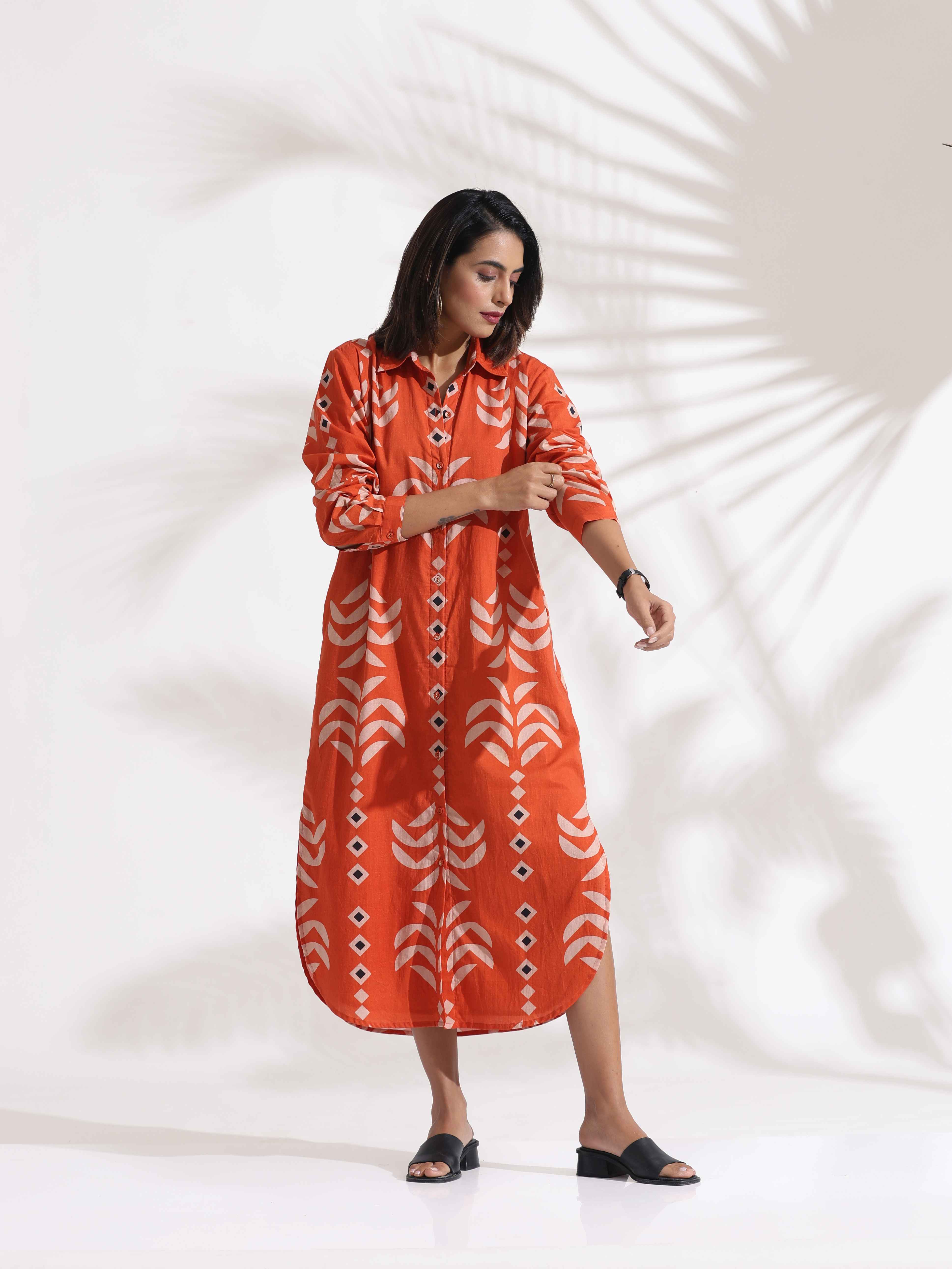 trueBrowns Orange Cotton Print Shirt Dress