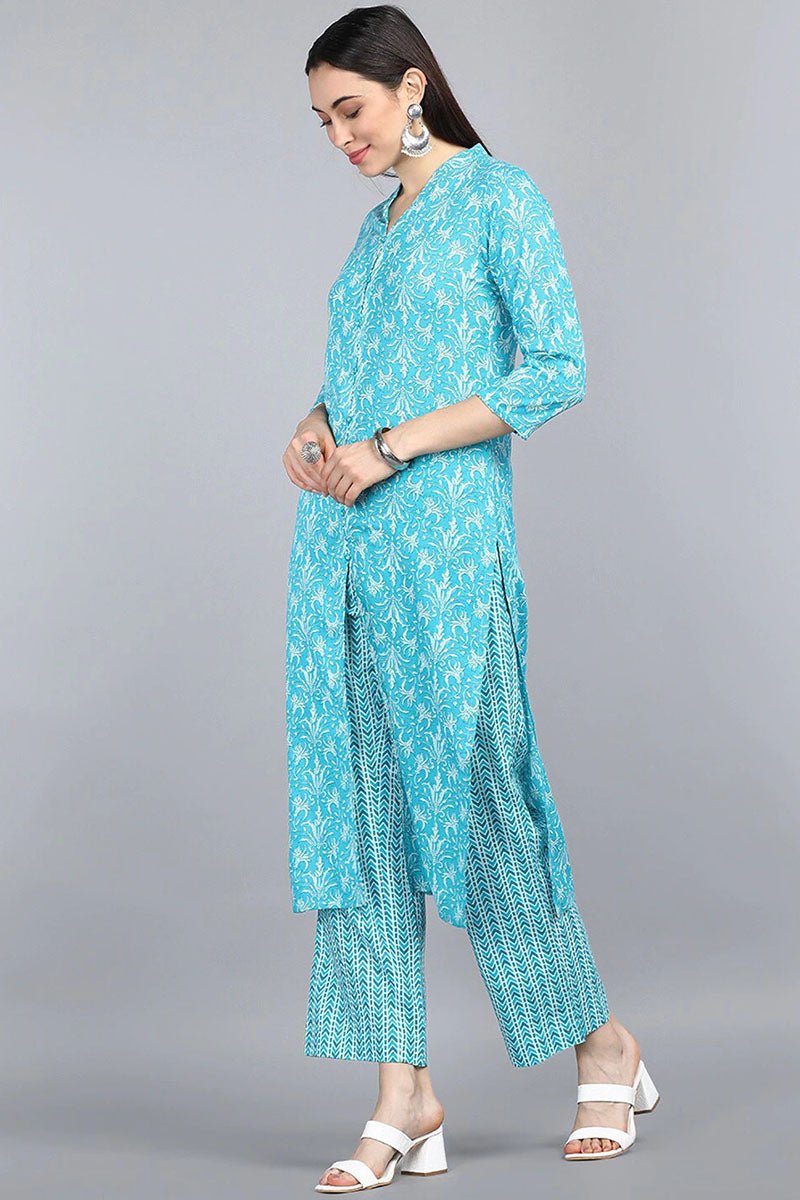 Ahika Turquoise Blue Cotton Ethnic Motifs Print Suit Set