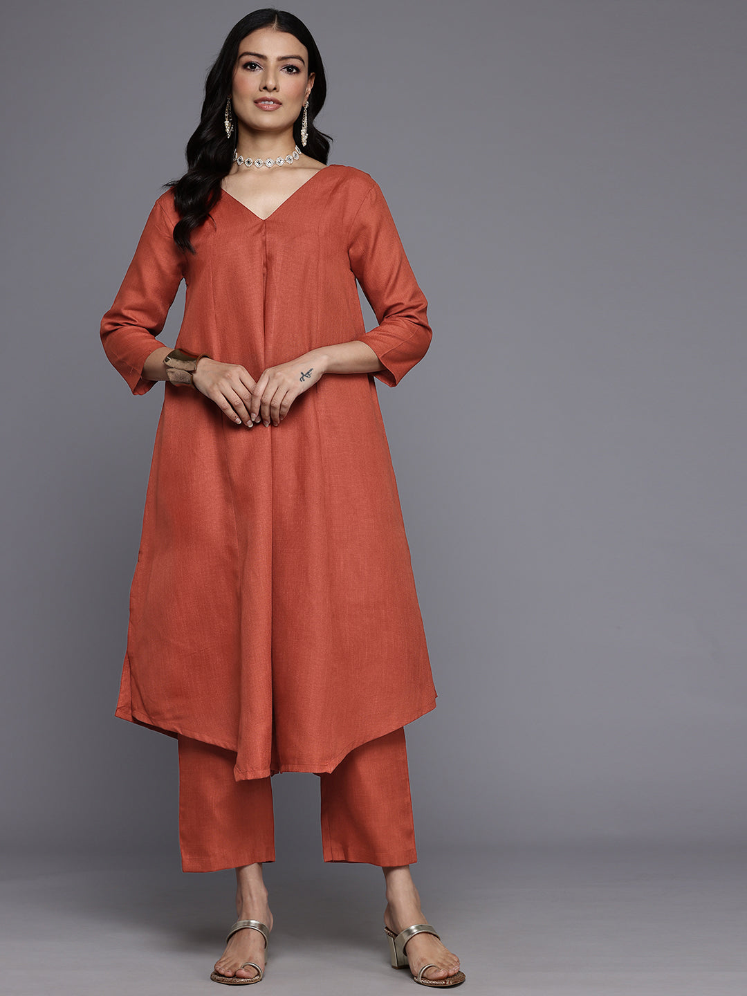 Varanga Women Orange Solid A-Line Kurta Paired With Tonal Bottom - Distacart