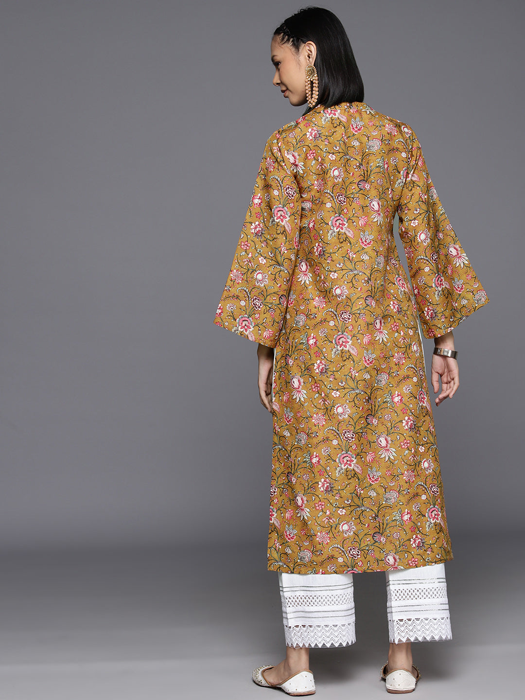 Varanga Women Mustard Floral Printed Straight Kurta With Flared Sleeves - Distacart
