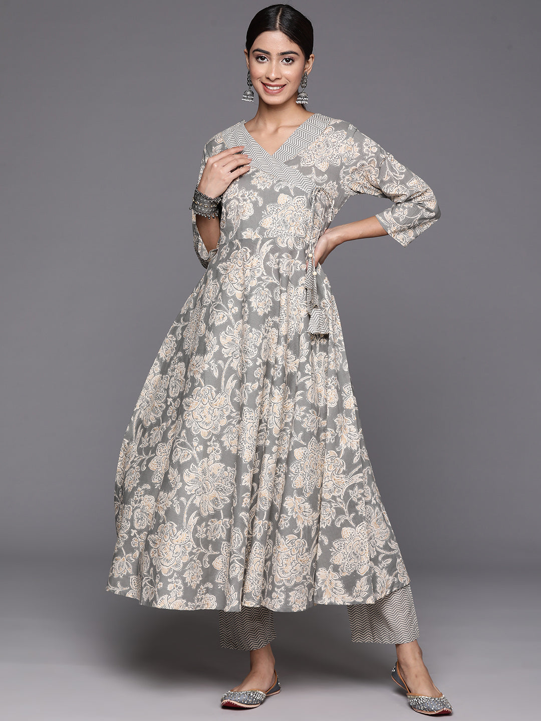 Varanga Women Grey Floral Printed Angrakha Style Anarkali Kurta Paired With Printed Bottom - Distacart