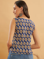 Thumbnail for InWeave Ink Blue Small Paisley Kalamkari W/U Top
