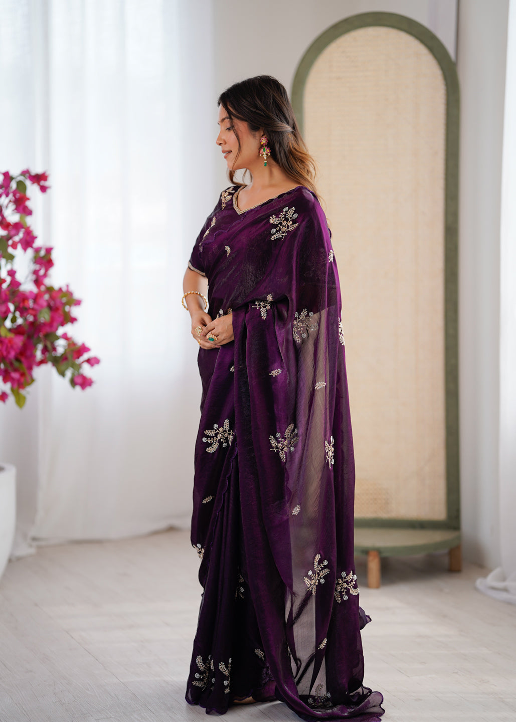Evanik Designer Heavy Fendy Satin With Beads Embroidered Work Saree With Unstitched Blouse