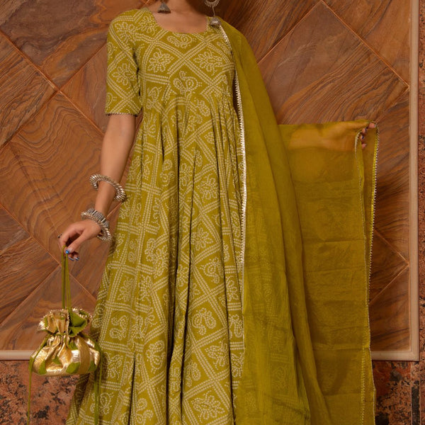 Pomcha Jaipur Bandhej Mehndhi Green Cotton Anarkali Set - Distacart