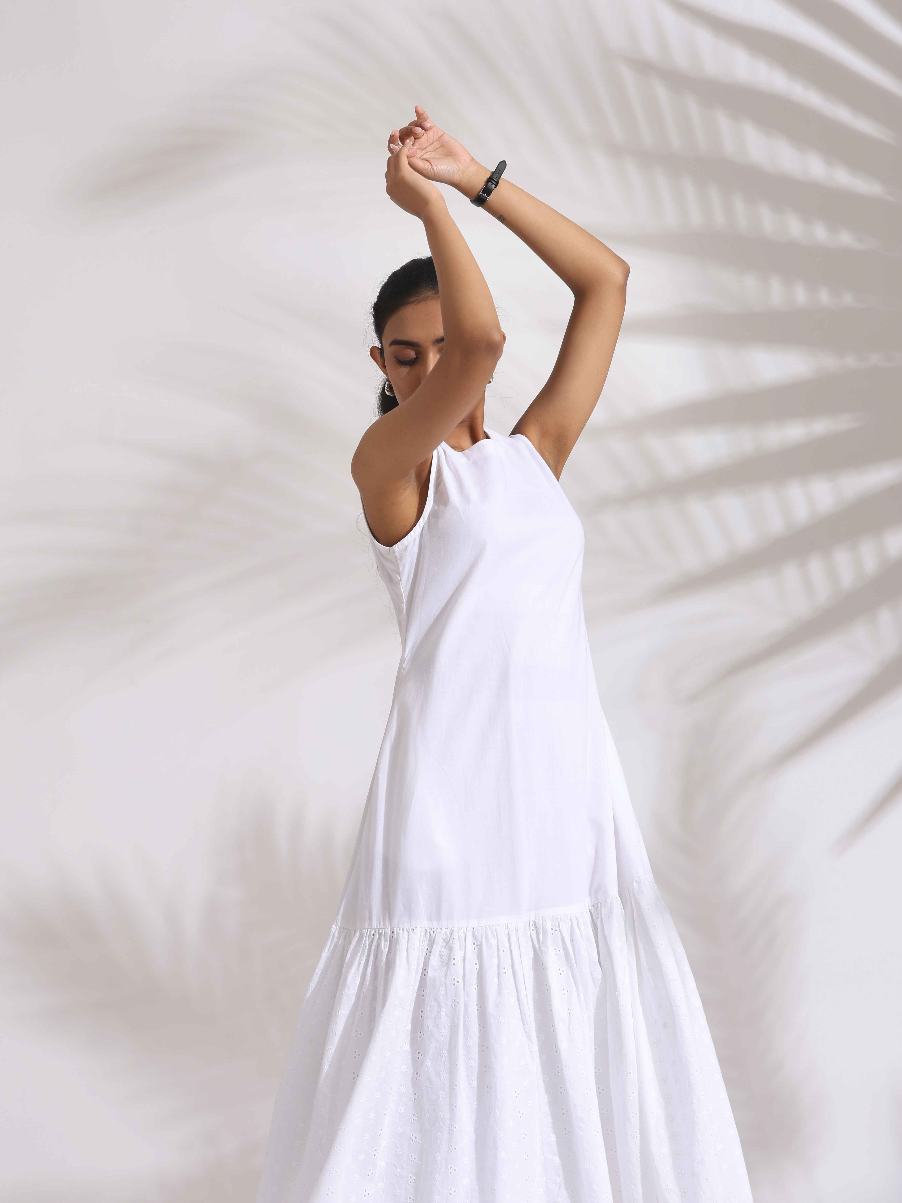 trueBrowns White Cotton Schiffli Tier Dress - Distacart