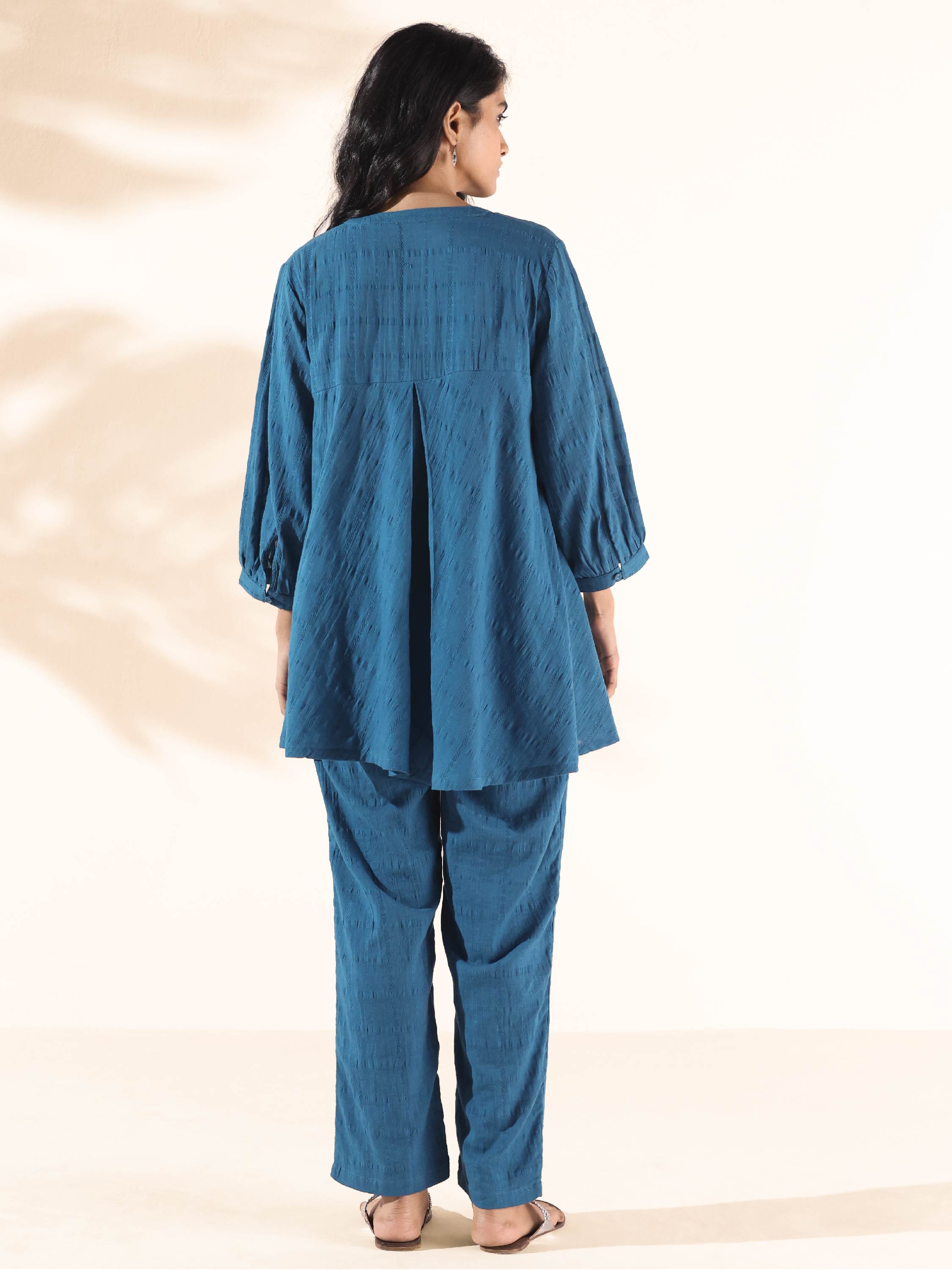 trueBrowns Blue Cotton Dobby Yoke Co-ord Set - Distacart