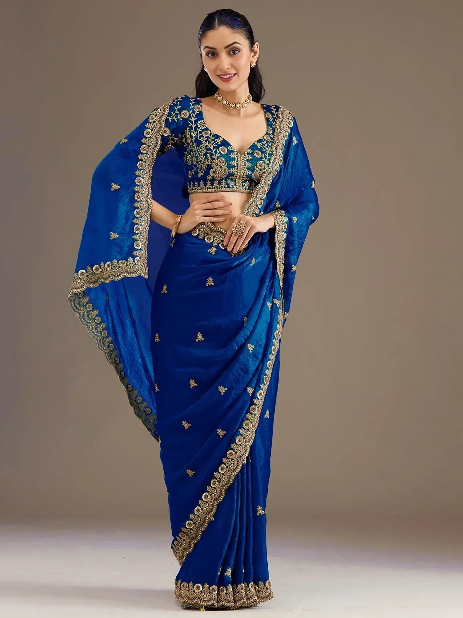 Tulsi Art Dazzling Blue Embroidered Silk Festive Wear Saree With Blouse - Dista