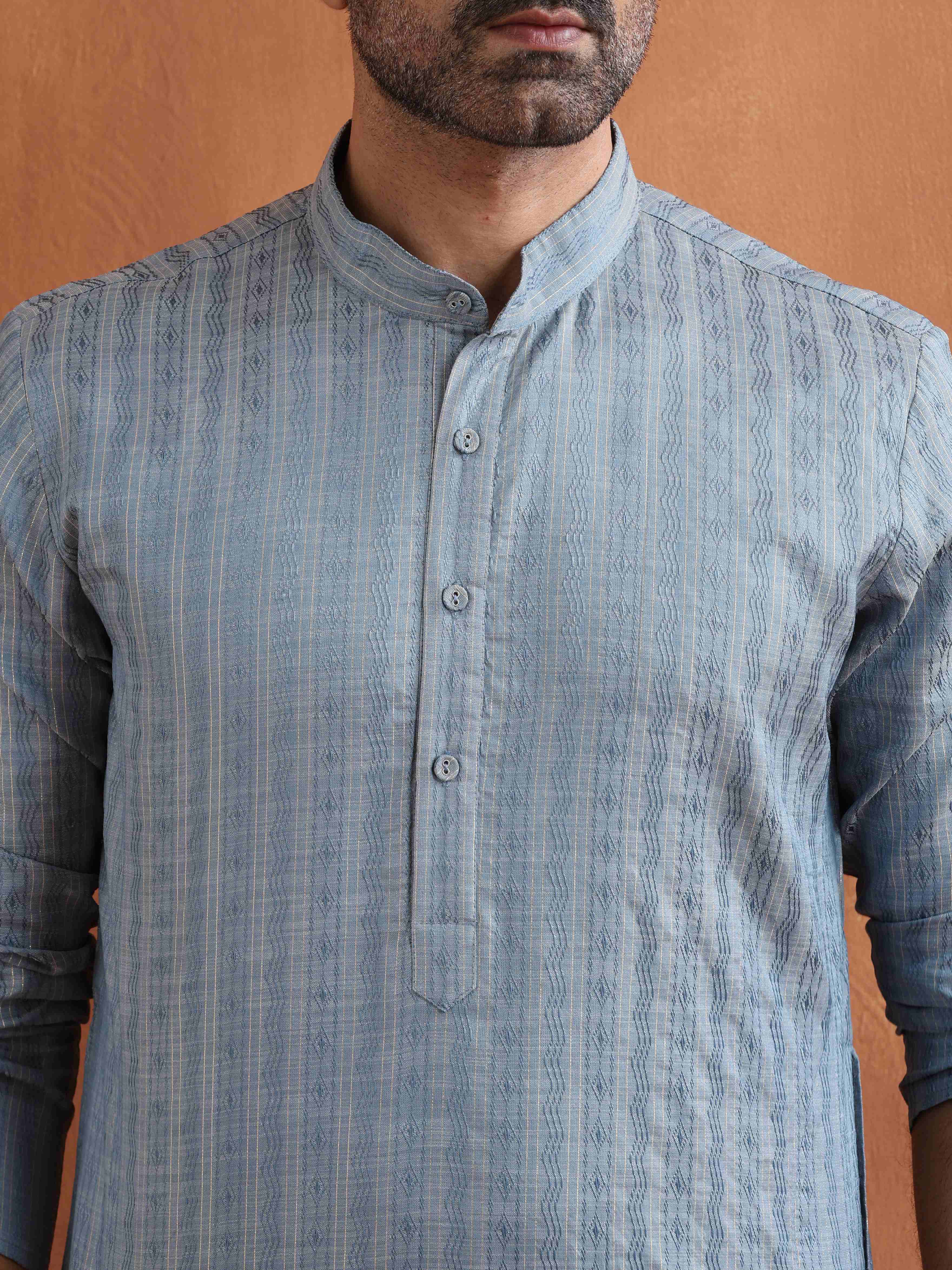 trueBrowns Men's Blue Chanderi Kurta