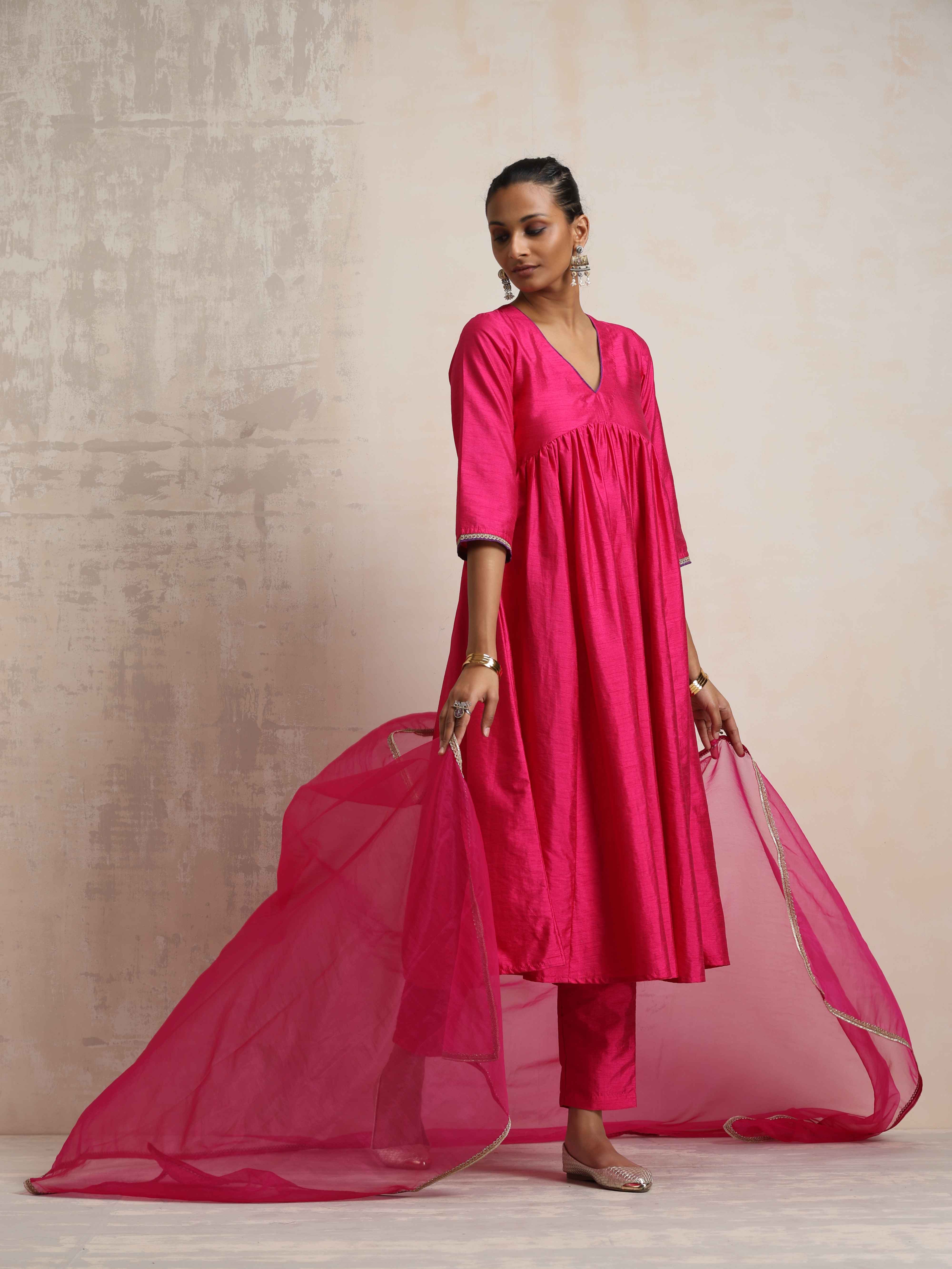 trueBrowns Pink Silk Anarkali Kurta Pant Dupatta Set - Distacart