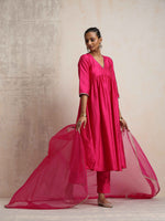 Thumbnail for trueBrowns Pink Silk Anarkali Kurta Pant Dupatta Set - Distacart